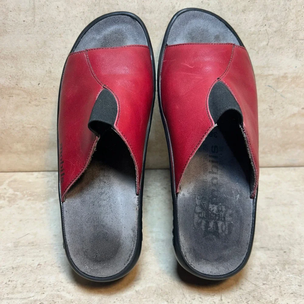 Mephisto Mobils‎ Red Leather Wedge Slide Sandals Made in France Womens 38 US 8